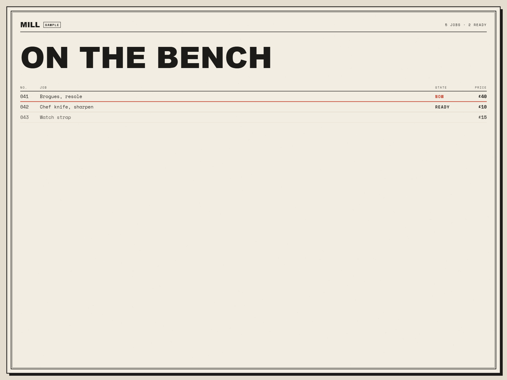 Job list — ON THE BENCH mid-motion