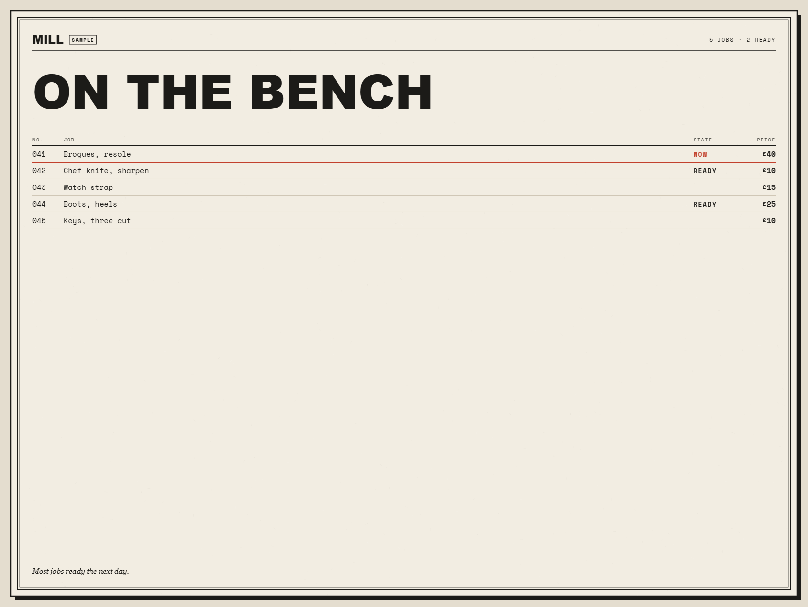 Job list — ON THE BENCH, settled frame