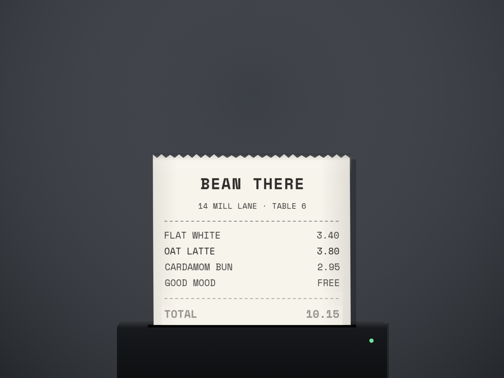 Receipt Roll — BEAN THERE mid-motion