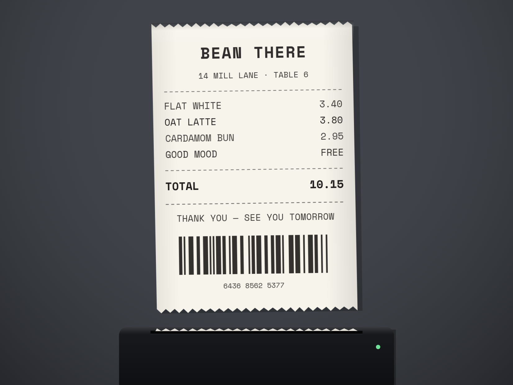 Receipt Roll — BEAN THERE, settled frame
