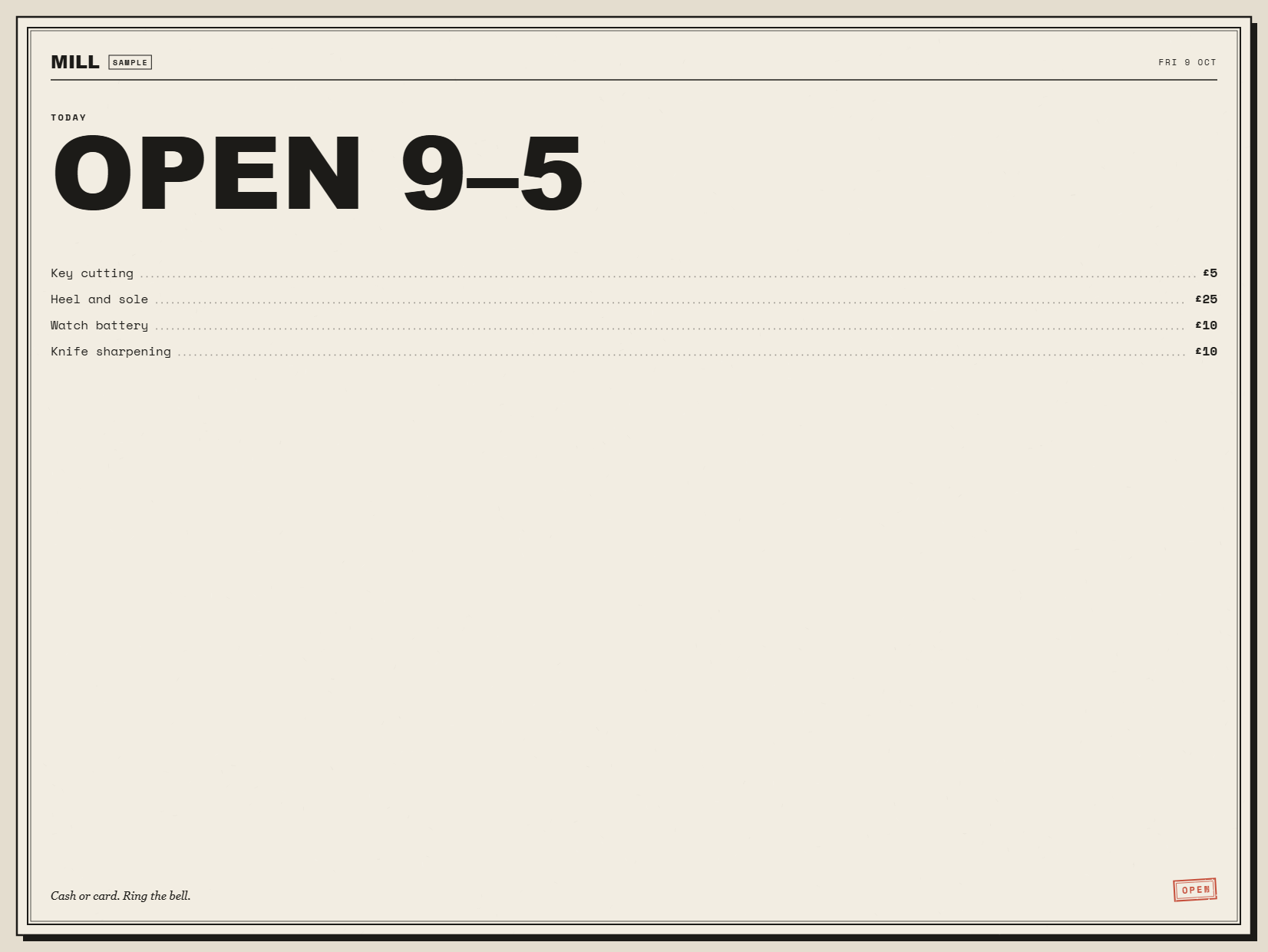 Today's board — OPEN 9–5 with reduced motion